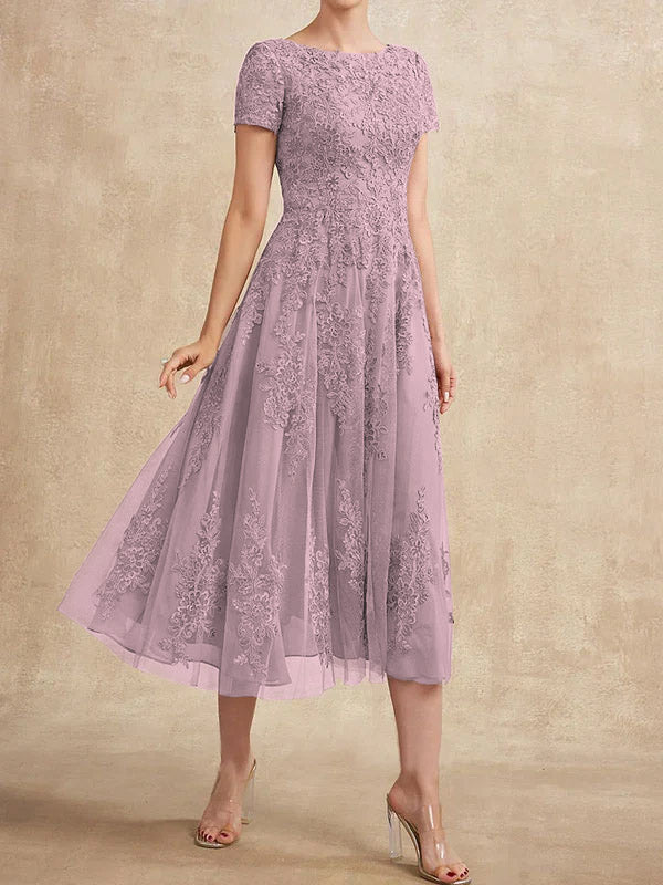 A-Linien-Kleid aus Tüllspitze mit Rundhalsausschnitt und Teelänge für die Mutter der Braut 