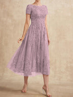 A-Linien-Kleid aus Tüllspitze mit Rundhalsausschnitt und Teelänge für die Mutter der Braut 