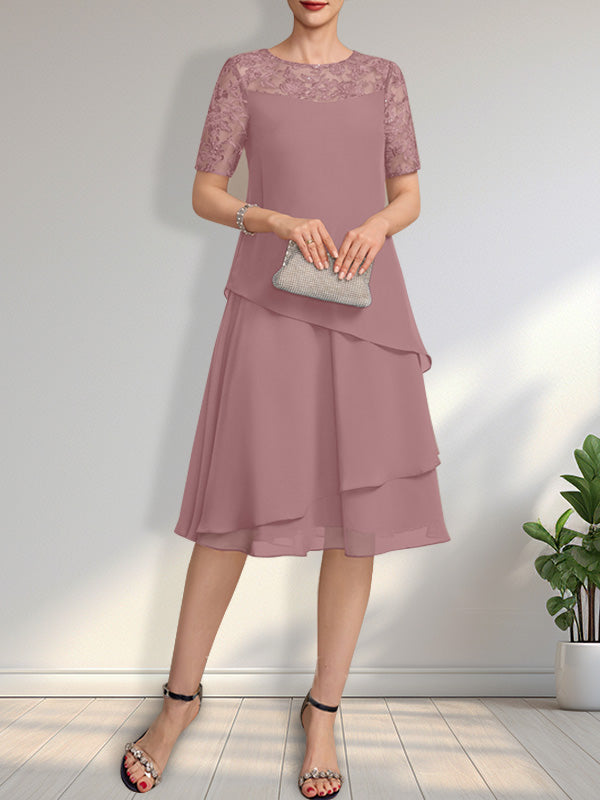 A-Linien-Kleid mit Rundhalsausschnitt, Illusion-Effekt, knielang, aus Spitze und Chiffon mit Pailletten für die Mutter der Braut