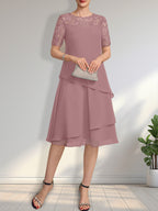 A-Linien-Kleid mit Rundhalsausschnitt, Illusion-Effekt, knielang, aus Spitze und Chiffon mit Pailletten für die Mutter der Braut