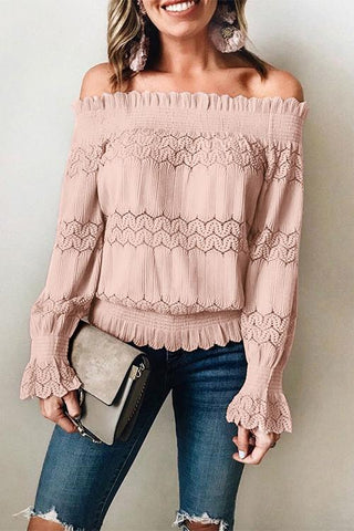 Meridress Off Shoulder Lace Crochet Ruffle Shirt