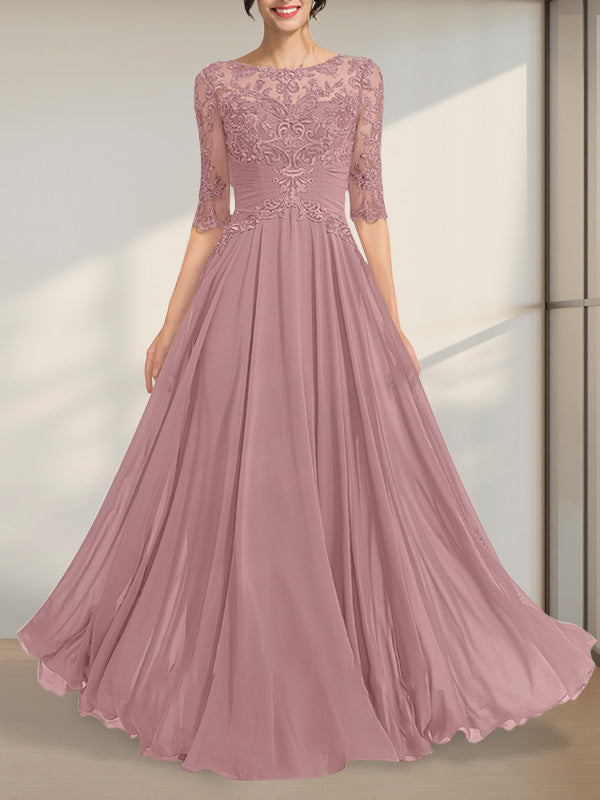 A-Linien-Kleid mit Illusion-Ausschnitt, bodenlang, aus Chiffon und Spitze, mit plissierten Pailletten und V-Ausschnitt für die Mutter der Braut