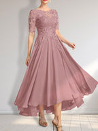 A-Linien-Kleid mit asymmetrischem Chiffon-Spitzenausschnitt und Pailletten für die Mutter der Braut 