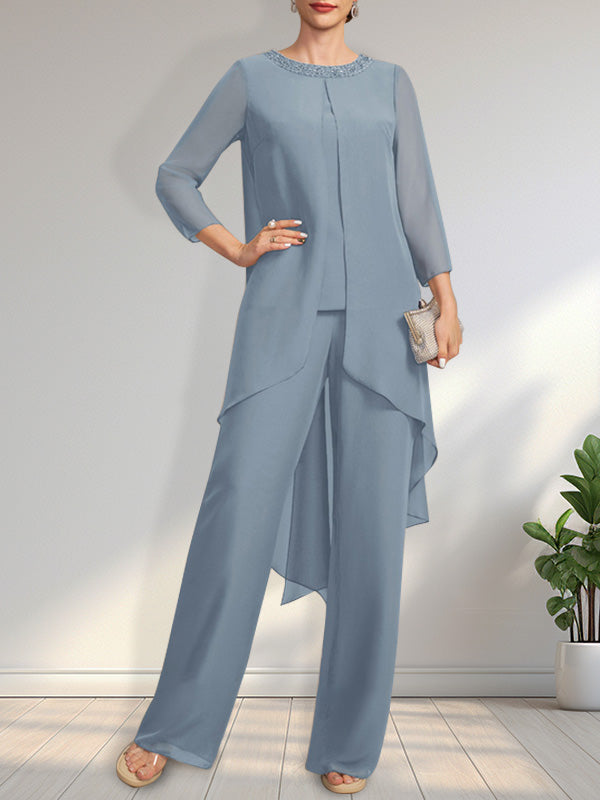 Vestido de gasa para madre de la novia, con escote redondo y largo hasta el suelo, con lentejuelas y abalorios, estilo mono/pantalón.