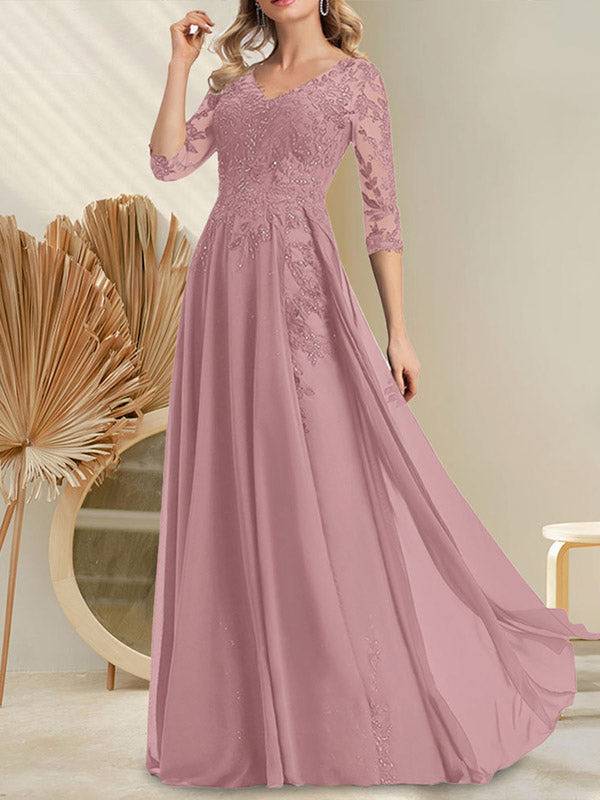 A-Linien-Kleid aus Chiffon mit V-Ausschnitt, bodenlang, mit Pailletten besetzt – ideal für die Mutter der Braut