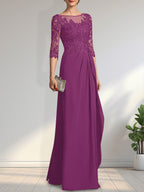 A-Linien-Kleid mit U-Boot-Ausschnitt, Illusion-Effekt, bodenlang, aus Chiffon und Spitze, mit Perlen, Pailletten und kaskadenartigen Rüschen – perfekt für die Mutter der Braut.