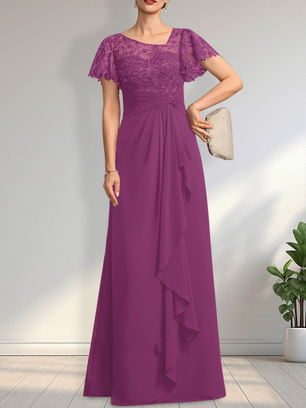 A-Linien-Kleid aus asymmetrischem Chiffon mit Illusion-Effekt, bodenlang, mit Kaskadenrüschen und Pailletten für die Mutter der Braut 