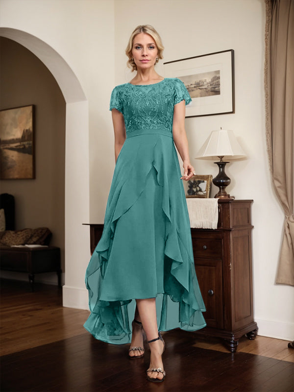 Vestido de madre de la novia de gasa asimétrica con escote en A, ilusión, encaje, lazo, volantes y lentejuelas 