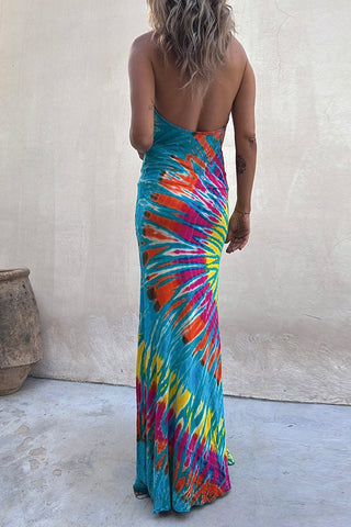 Vestido maxi tie dye sin mangas con cuello halter y espalda descubierta de Meridress