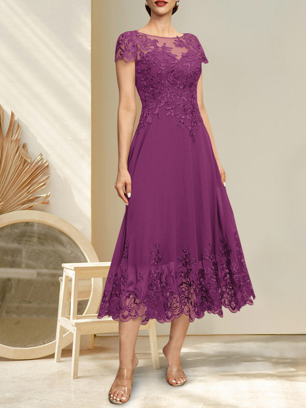 A-Linien-Kleid mit Illusion-Ausschnitt, Rundhalsausschnitt, Teelänge, Spitze und Chiffon, mit Pailletten, für die Mutter der Braut