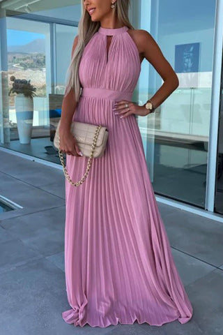 Vestido de fiesta largo plisado con cintura y cuello halter sin mangas de Meridress
