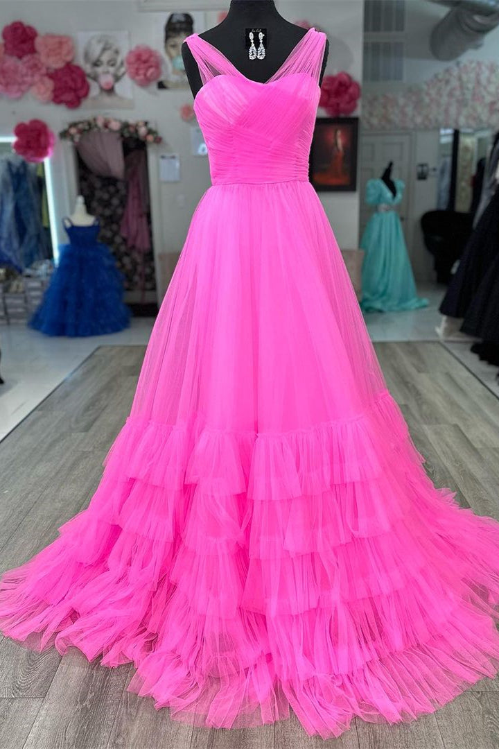 Vestido de fiesta de tul con capas y escote en V ilusión de línea A