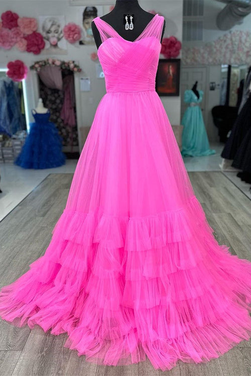Vestido de fiesta de tul con capas y escote en V ilusión de línea A