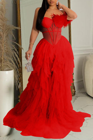 Elegantes, einfarbiges, ärmelloses Maxikleid aus Netzstoff in Wickeloptik 