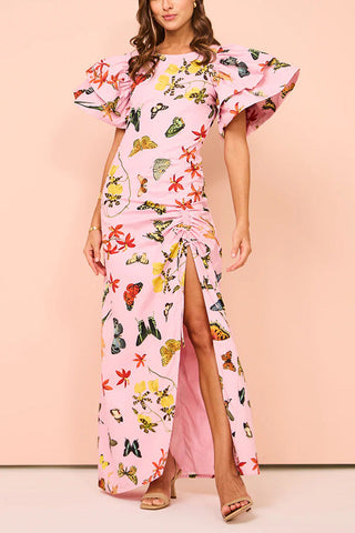 Vestido largo con abertura y cordón, mangas abullonadas y estampado de mariposas 