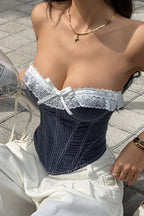 Striped Strapless Tie Up Corset Top Sexy Slim Blouse