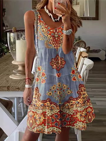 Vestido mini bohemio sin mangas con estampado floral y escote redondo 