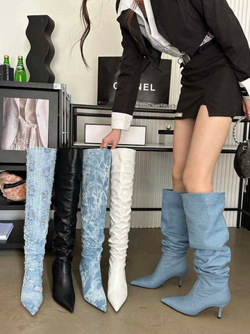 Sexy Overknee-Stiefel für Damen, Chelsea-Booties, spitze Zehenpartie, blau, schwarz, weiß, Jeansstoff, Winterschuhe, Schlupfstiefel für den Herbst 