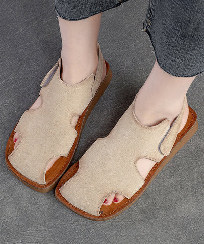Handmade Beige Cowhide Leather Splicing Walking Sandals Hollow Out