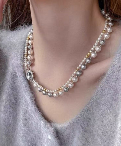 Collar de plata de ley con bloques de color y circonitas de doble capa con perlas cuadradas y cuentas calibradas para mujer 