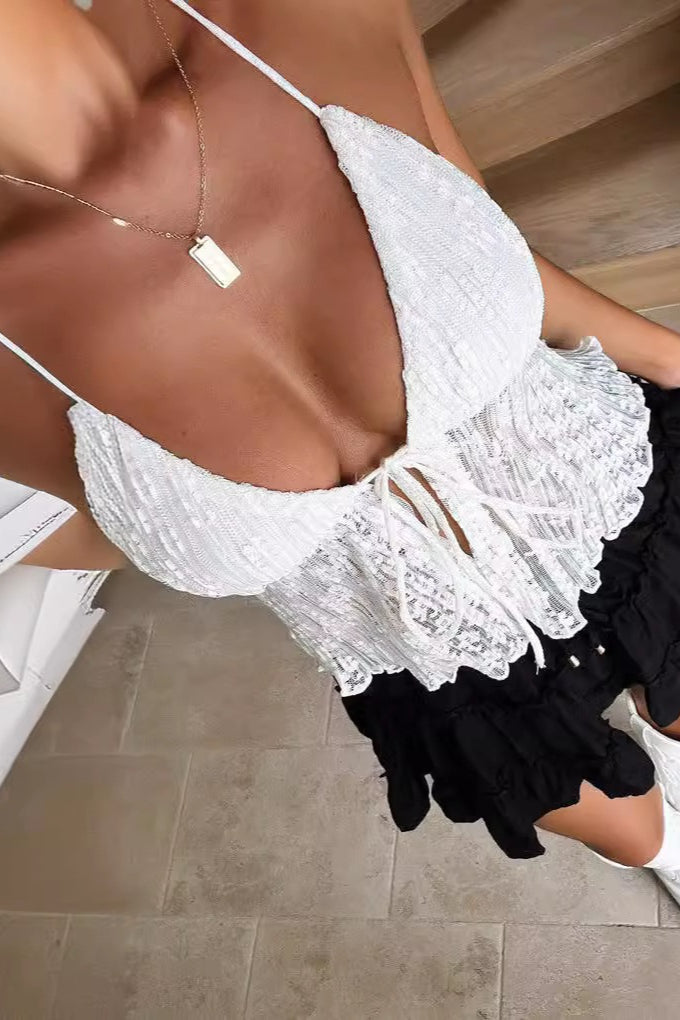 Sexy Tie Ruched Mesh Pleated Halter Top