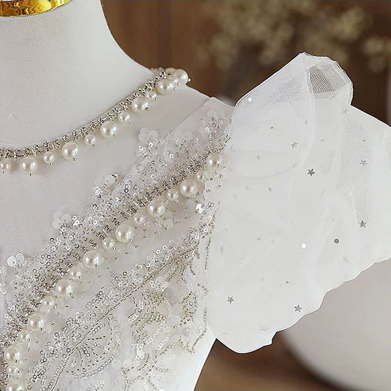 Elegantes weißes Pailletten-Mesh-Prinzessinnenkleid für Babys und Kleinkinder – Kommunionskleid 