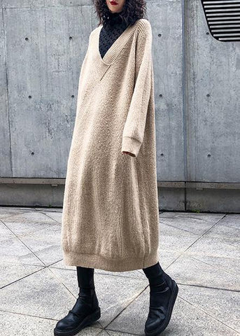 Vestido tipo suéter con cuello en V para mujer, vestido tipo suéter tipo túnica color caqui largo 