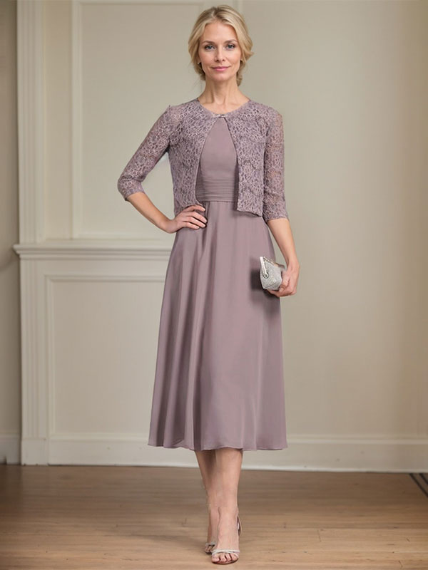 Vestido de gasa para madre de la novia, corte A, escote redondo, largo hasta la rodilla, con pliegues