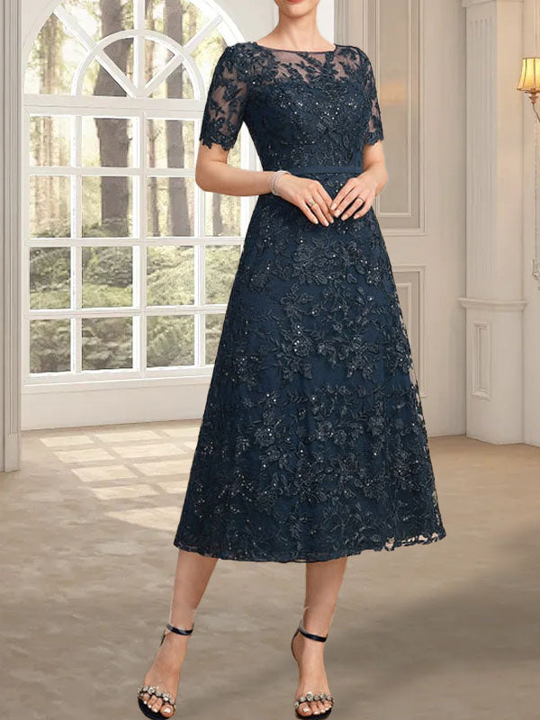 Vestido de encaje para madre de la novia con lentejuelas, corte A, escote ilusión, largo hasta la rodilla