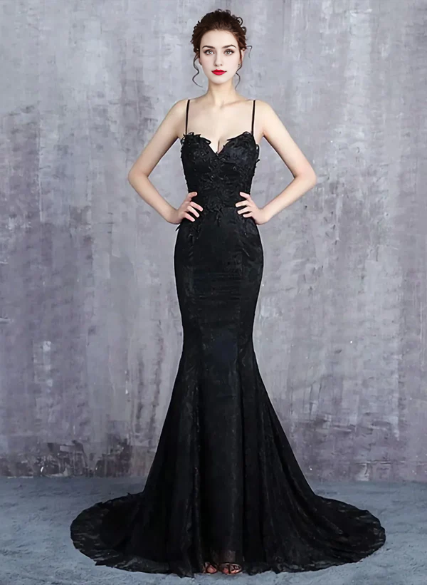 Vestido largo formal de noche tipo sirena con tirantes y cola