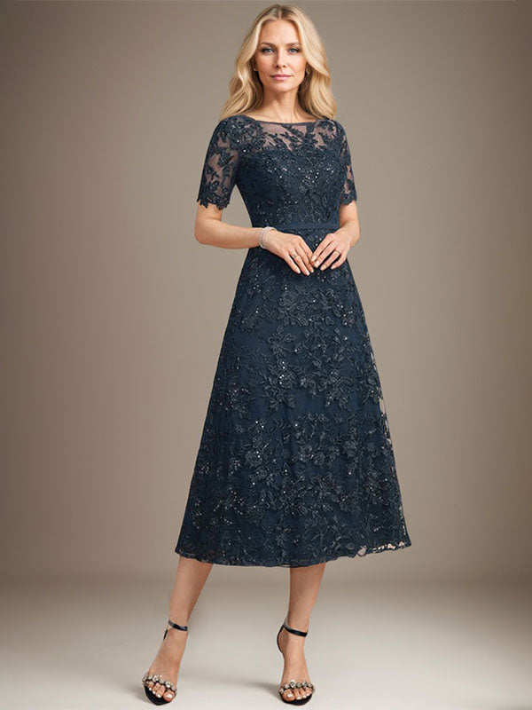 Vestido de encaje para madre de la novia con lentejuelas, corte A, escote ilusión, largo hasta la rodilla