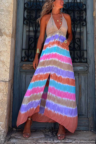 Vestido largo camisola Meridress con escote en V profundo, abertura y efecto tie-dye