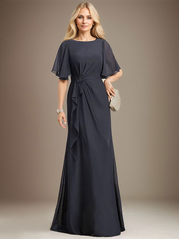 A-Linien-Kleid aus Chiffon in Bodenlänge für die Mutter der Braut mit kaskadenartigen Rüschen, Perlen und Pailletten
