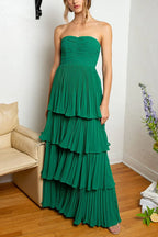 Vestido formal largo multicapa sin tirantes verde esmeralda