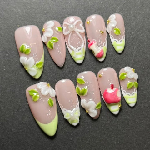 Hot SaleFrench Apples and FlowersHandmade Artificial Gel Nail Press-On Nails