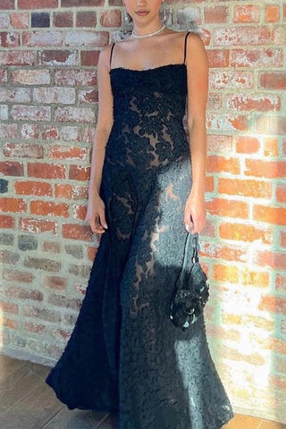 Meridress Spaghetti Strap Back Lace-up Applique Flower Lace Maxi Dress