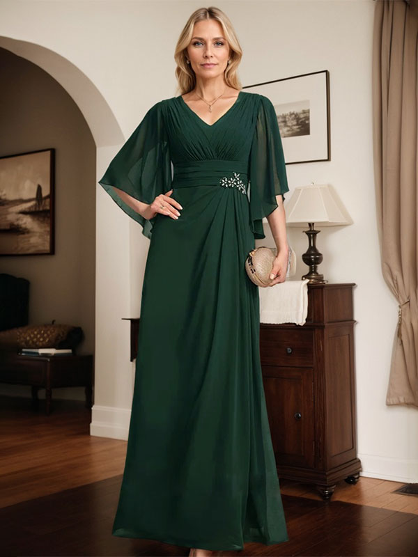 Vestido de gasa para madre de la novia, con escote en V, largo hasta el suelo, con lentejuelas plisadas y abalorios.