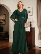 Vestido de gasa para madre de la novia, con escote en V, largo hasta el suelo, con lentejuelas plisadas y abalorios.