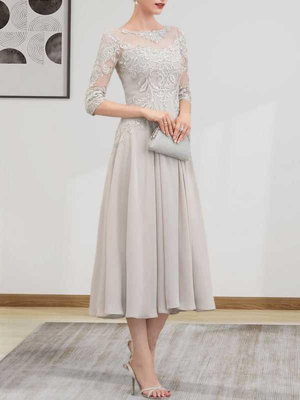 A-Linien-Kleid mit U-Boot-Ausschnitt, Illusion-Detail, Teelänge, Chiffonspitze, Perlenstickerei und Pailletten für die Mutter der Braut