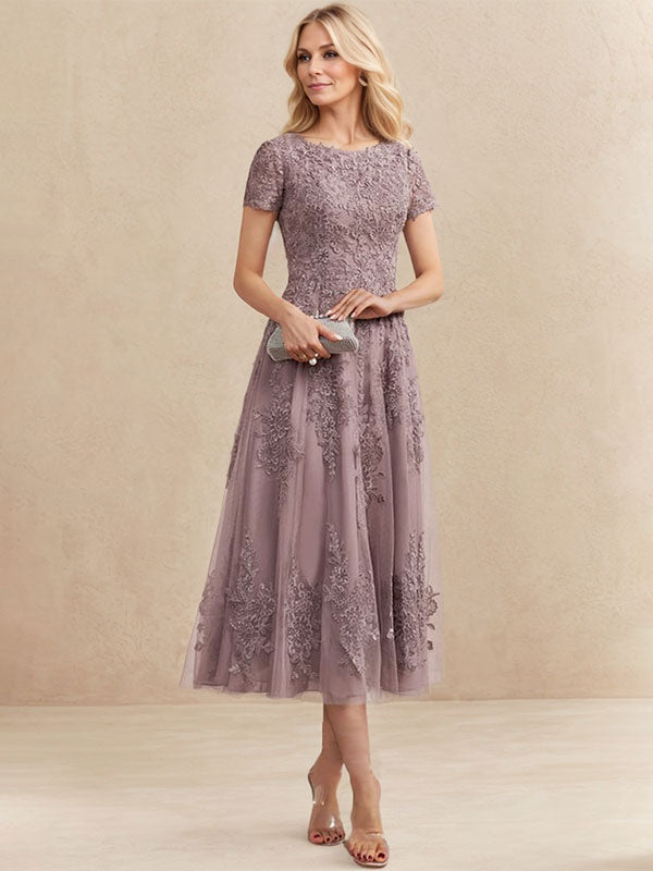 A-Linien-Kleid aus Tüllspitze mit Rundhalsausschnitt und Teelänge für die Mutter der Braut 