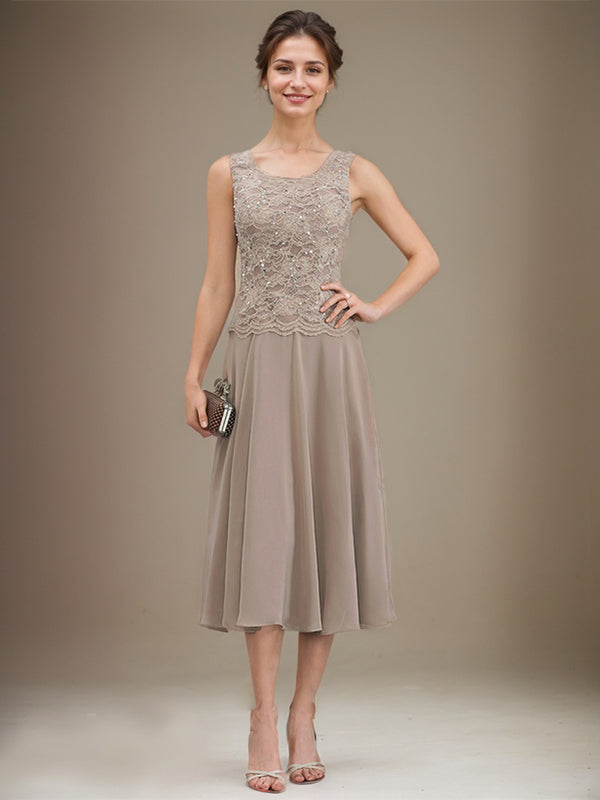 Vestido de gasa con encaje y lentejuelas para madre de la novia, corte A, escote redondo y largo hasta la rodilla 