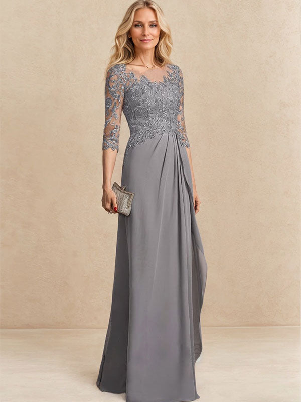 A-Linien-Kleid mit U-Boot-Ausschnitt, Illusion-Effekt, bodenlang, aus Chiffon und Spitze, mit Perlen, Pailletten und kaskadenartigen Rüschen – perfekt für die Mutter der Braut.