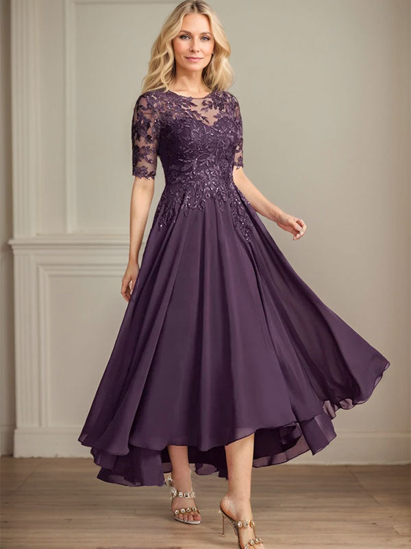 A-Linien-Kleid mit asymmetrischem Chiffon-Spitzenausschnitt und Pailletten für die Mutter der Braut 