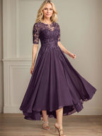 A-Linien-Kleid mit asymmetrischem Chiffon-Spitzenausschnitt und Pailletten für die Mutter der Braut 