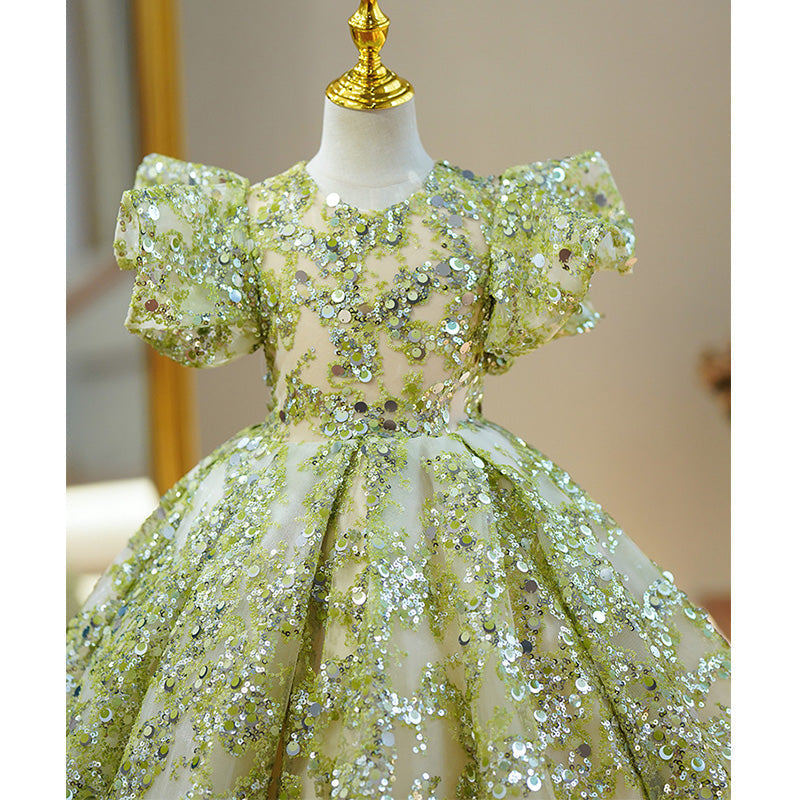 Ballkleider für Kleinkinder, Blumenmädchen-Kommunionkleid, Sommerkleid, grünes Pailletten-Mesh-Kleid, Prinzessinnenkleid 