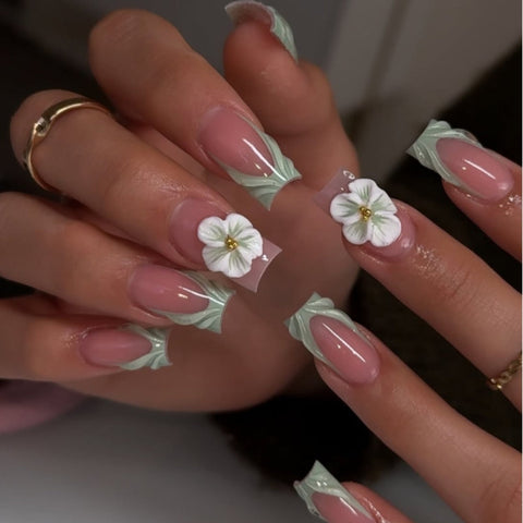 Hot SaleGreen French Flower Square Tube NailHandmade Artificial Gel Nail Press-On Nails