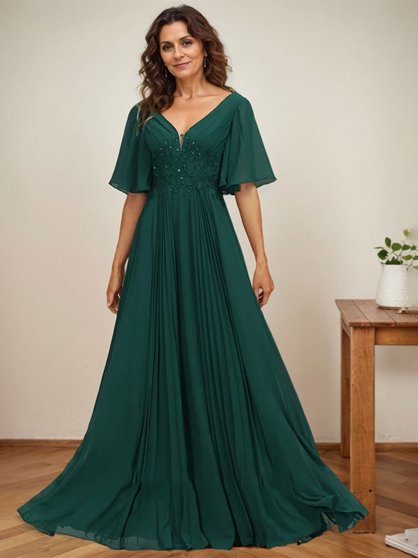 A-Linien-Kleid aus Chiffon mit V-Ausschnitt, bodenlang, mit Paillettenapplikationen, Spitze und Falten für die Mutter der Braut 