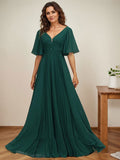 A-Linien-Kleid aus Chiffon mit V-Ausschnitt, bodenlang, mit Paillettenapplikationen, Spitze und Falten für die Mutter der Braut 