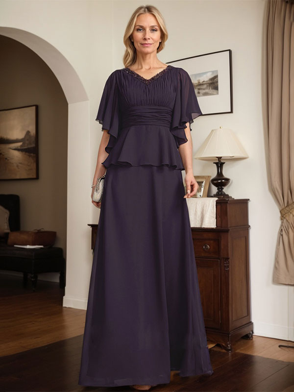 Vestido de gasa para madre de la novia, corte A, escote en V, largo hasta el suelo, con cuentas plisadas