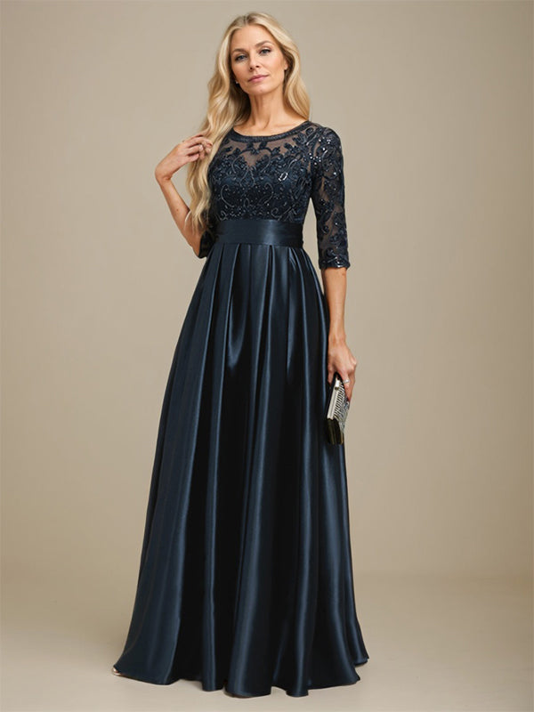 Vestido de madre de la novia de satén elástico con encaje, corte A, escote ilusión, largo hasta el suelo, con lazo y lentejuelas 